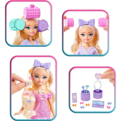 Barbie Malibu doll with pastel hair rollers, bow, and grooming accessories