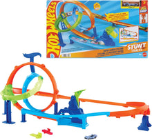 Toy car stunt track set with orange-blue track and cyclone loop, includes die-cast car