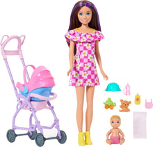Fashion doll in pink check floral dress with stroller and small accessories