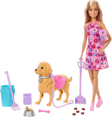 Walking dog toy with pink leash and accessories; matching doll in floral dress