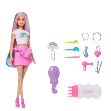 Rainbow hair fashion doll with long pink-blue strands, pink outfit, and styling accessories