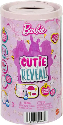 Barbie Cutie Reveal surprise doll tube with purple question-mark graphics