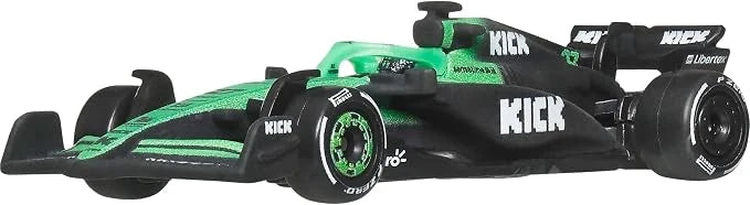 Green and black race car toy side view with black rear wing and front splitter