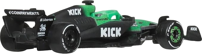 Green and black Formula race car toy with KICK decals and side profile