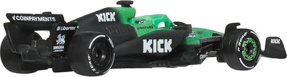 Green and black Formula race car toy with KICK decals and side profile