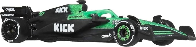 Green and black Formula race car toy with KICK decals and front wing