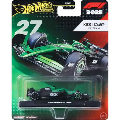 Hot Wheels Premium Formula 1 die-cast car #27 with Real Riders tires, green and black