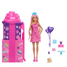 Barbie pet birthday doll with pink dress and accessory slide, plus heart accessories