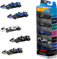 Die-cast mini F1 race car set, boxed with blue and black cars shown