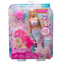 Barbie mermaid doll with pink glitter tail and bubble solution in retail box