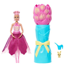 Pink tulip-dress fashion doll with bunny reveal accessory from blue canister
