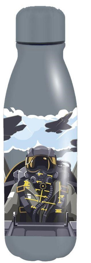 550ml aluminium water canteen in light gray with racing-themed graphic, screw-top lid