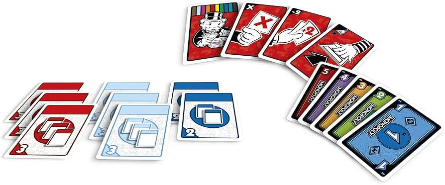 Board game card set with Monopoly Bid action cards, red and blue faces