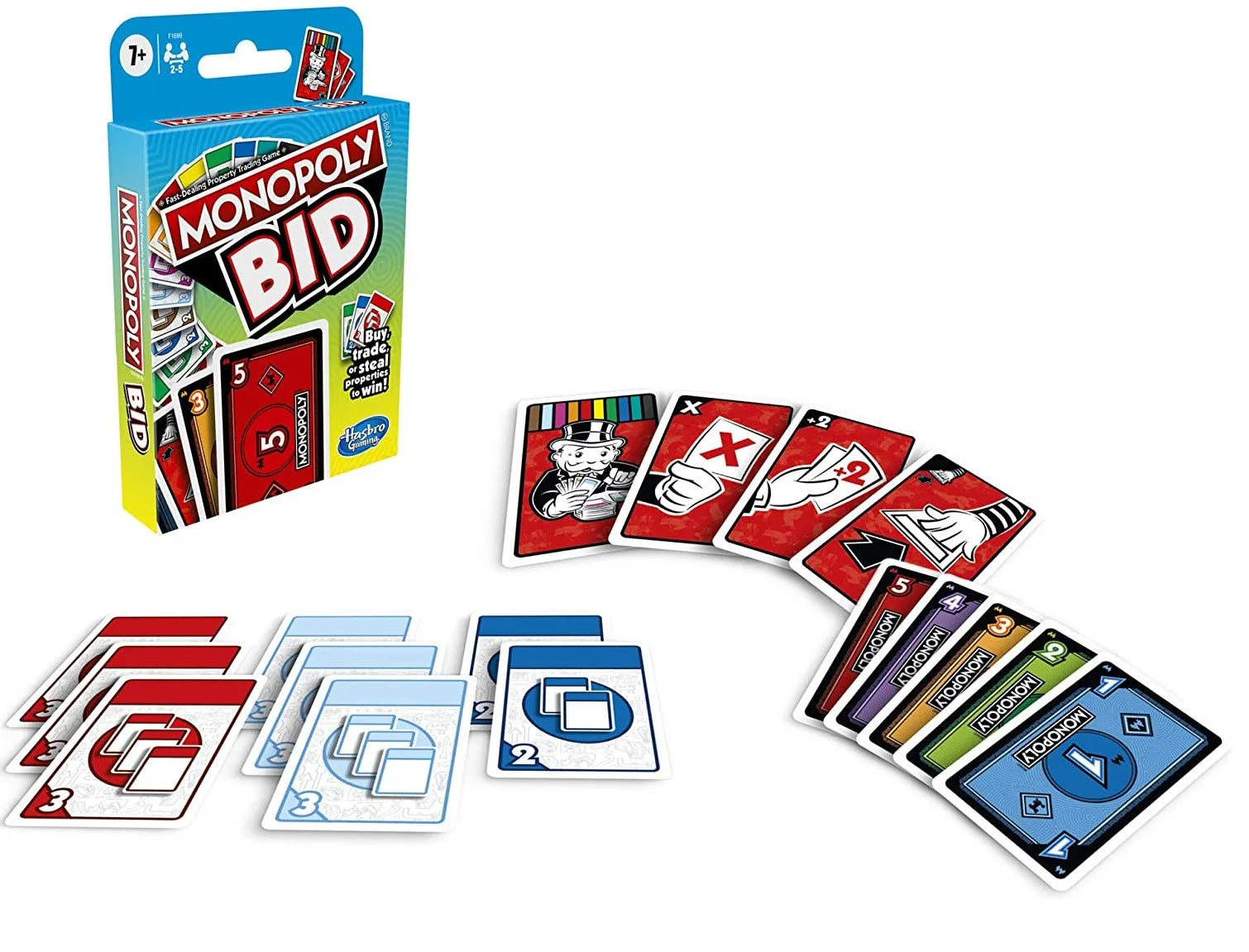 Monopoly Bid card game box and spread of numbered red, blue, and black cards