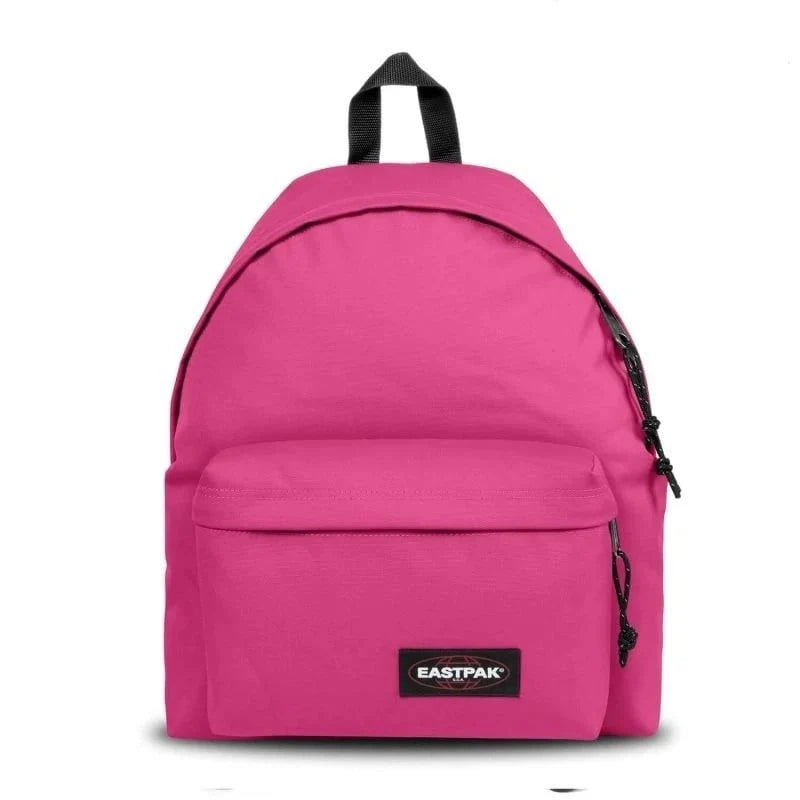 Eastpak padded backpack in pink with front zip pocket and black top handle straps