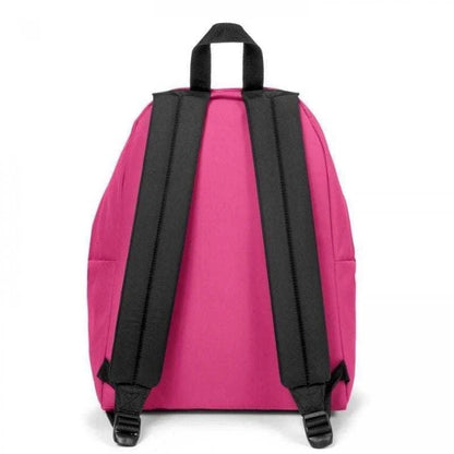 Eastpak pink padded backpack with black back straps and adjustable buckles