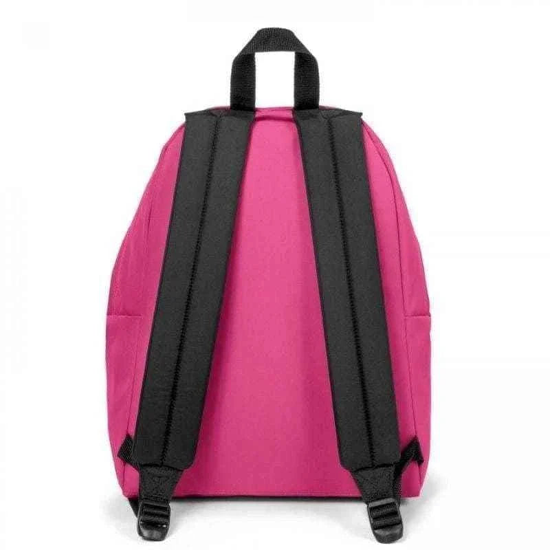 Pink padded backpack with black adjustable shoulder straps, rear view