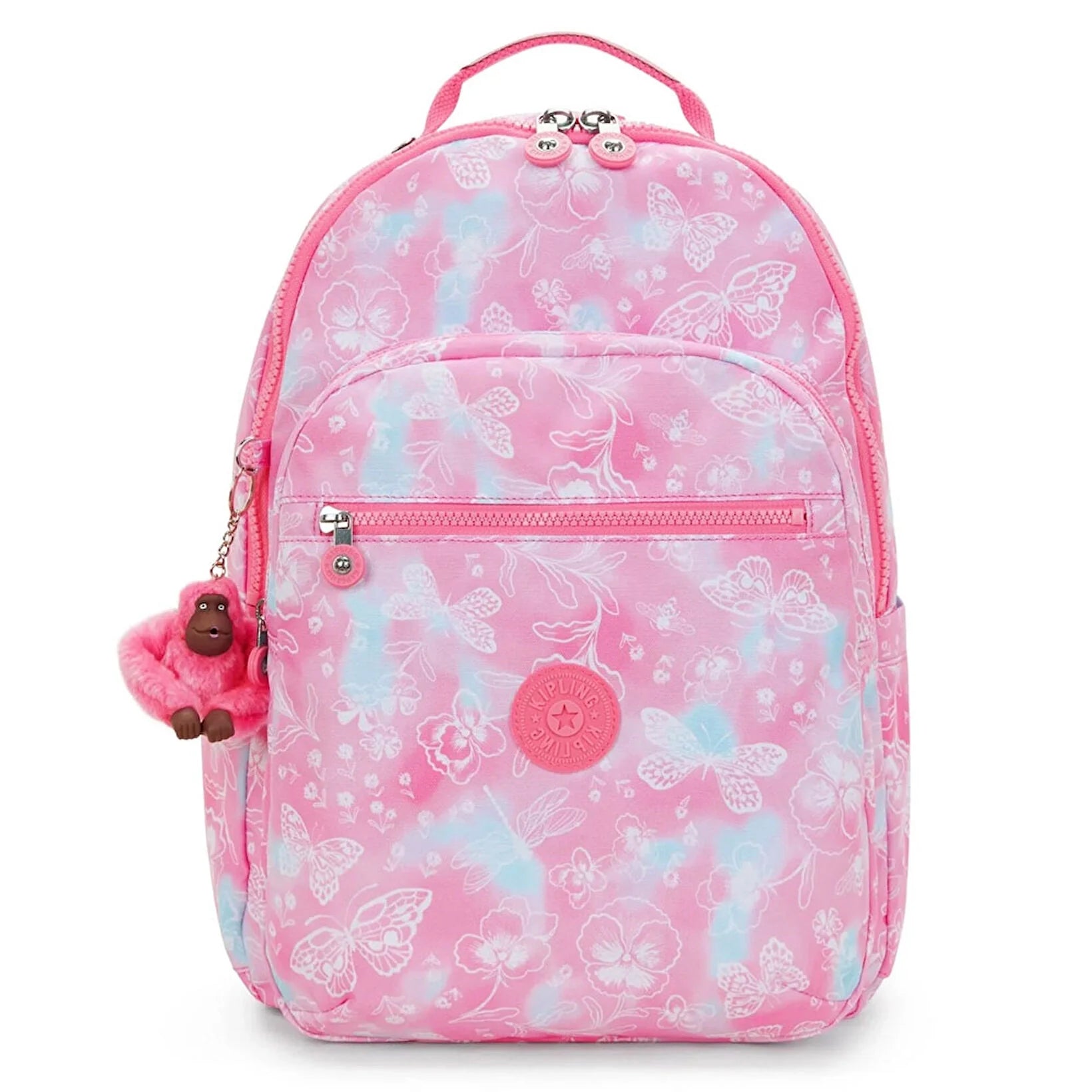 Kipling large backpack with pink butterfly print, front zipper pocket and plush keychain