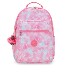 Kipling large backpack with pink butterfly print, front zipper pocket and plush keychain