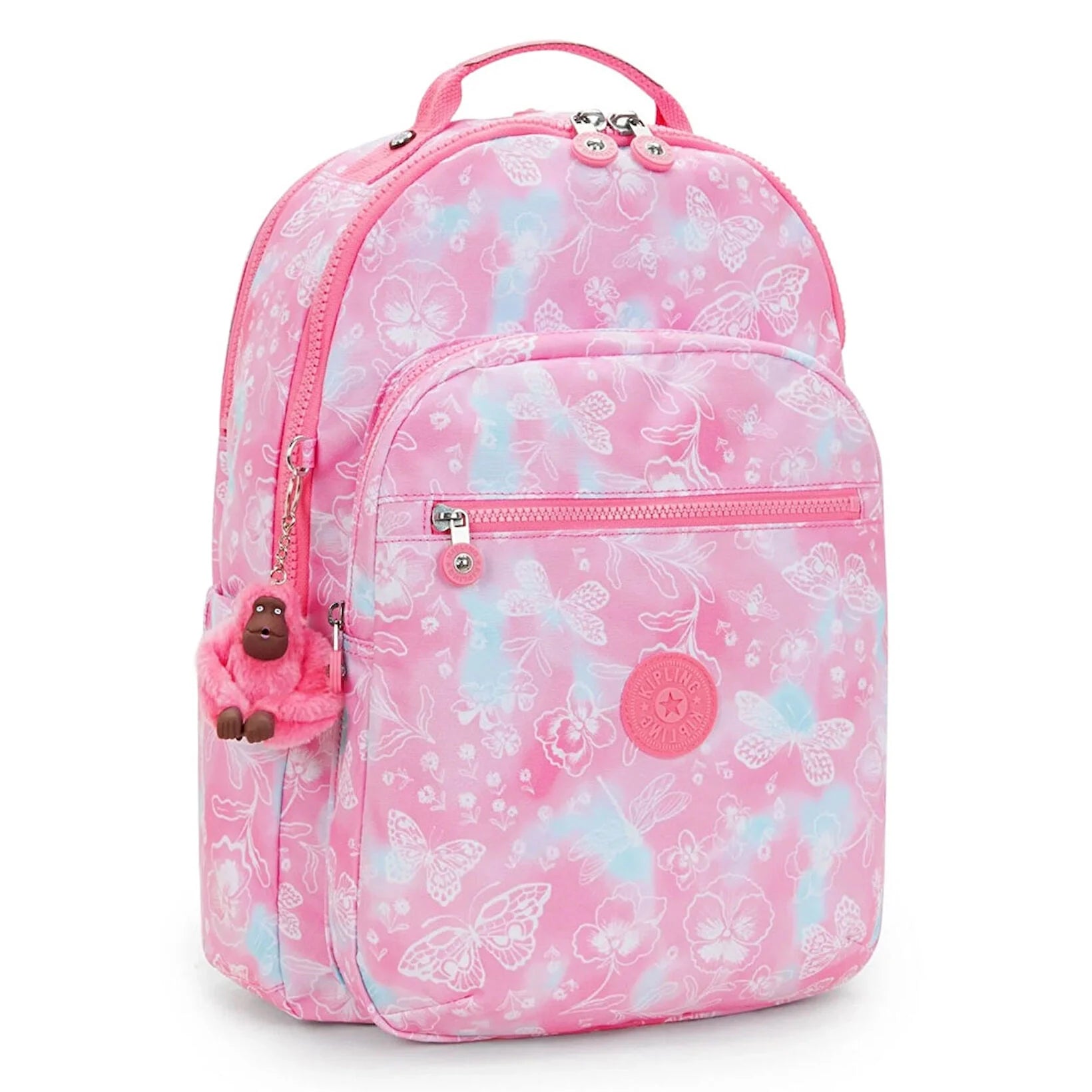 Kipling large backpack, translucent front panel with zipper pocket and pink plush charm