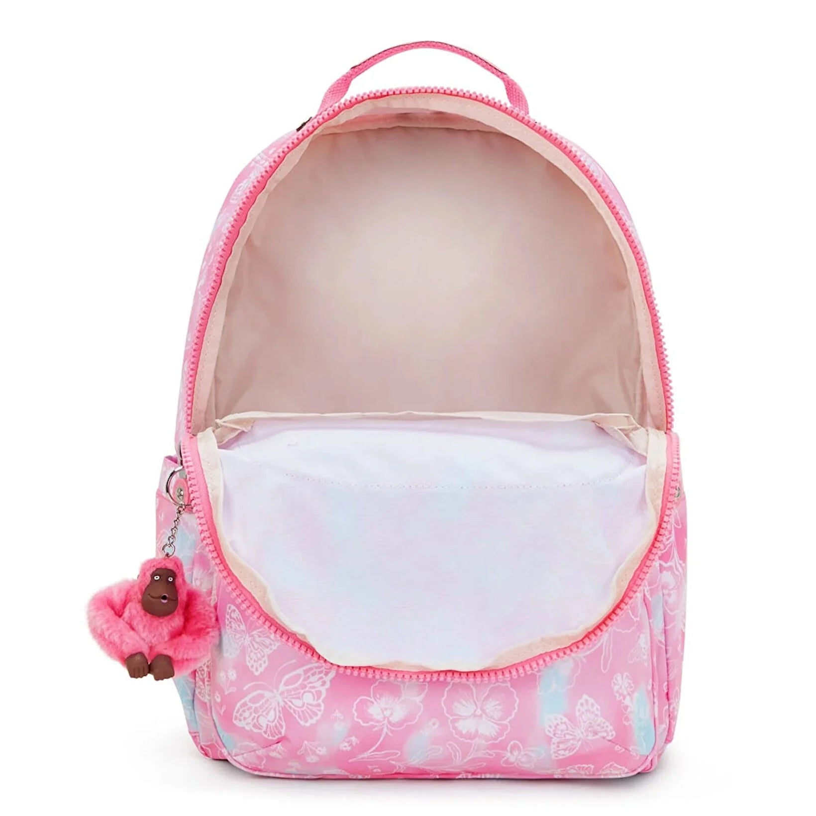Kipling large backpack with butterfly print, open top showing roomy inner compartment