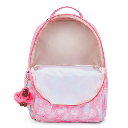 Kipling large backpack with butterfly print, open top showing roomy inner compartment