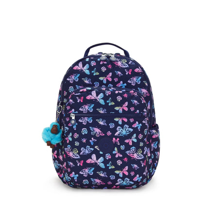Butterfly-pattern backpack, blue top handle, zip front, and blue plush keychain