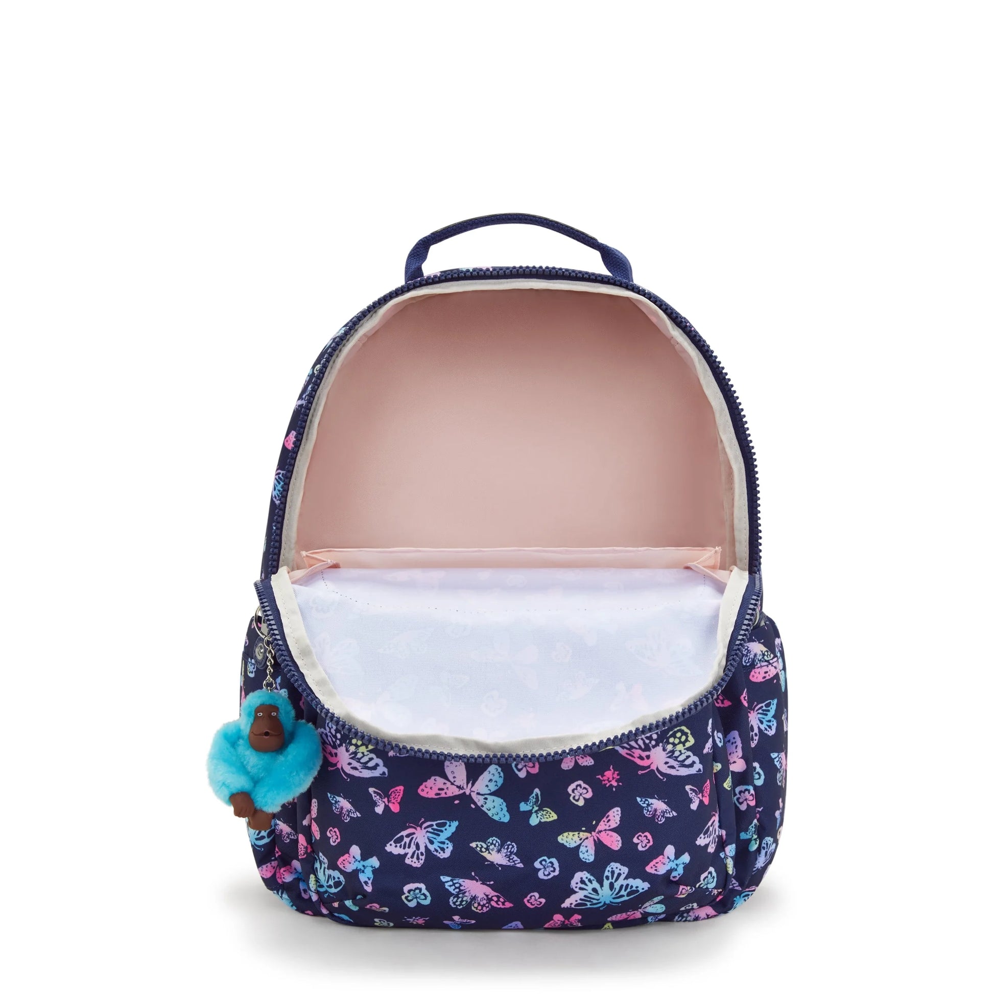 Butterfly-pattern backpack with open top showing light interior lining