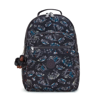 Large backpack with dark navy jungle-and-vehicle pattern, front zip pocket, top handle