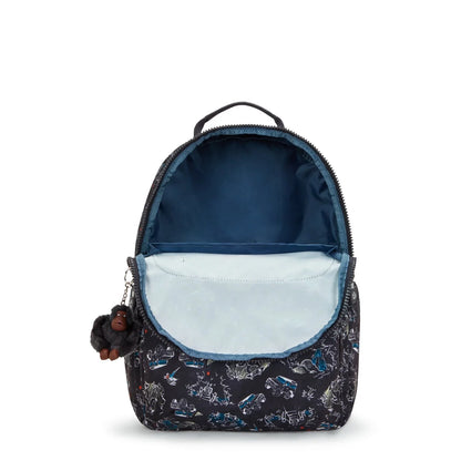 Large backpack with open top showing blue-lined interior and white front panel, front zip