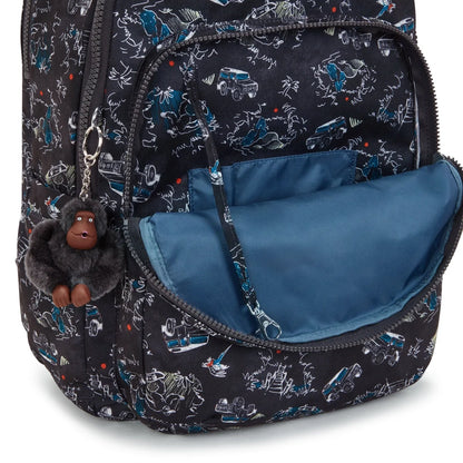 Large backpack with side zip pocket and blue interior lining, patterned fabric and keychain