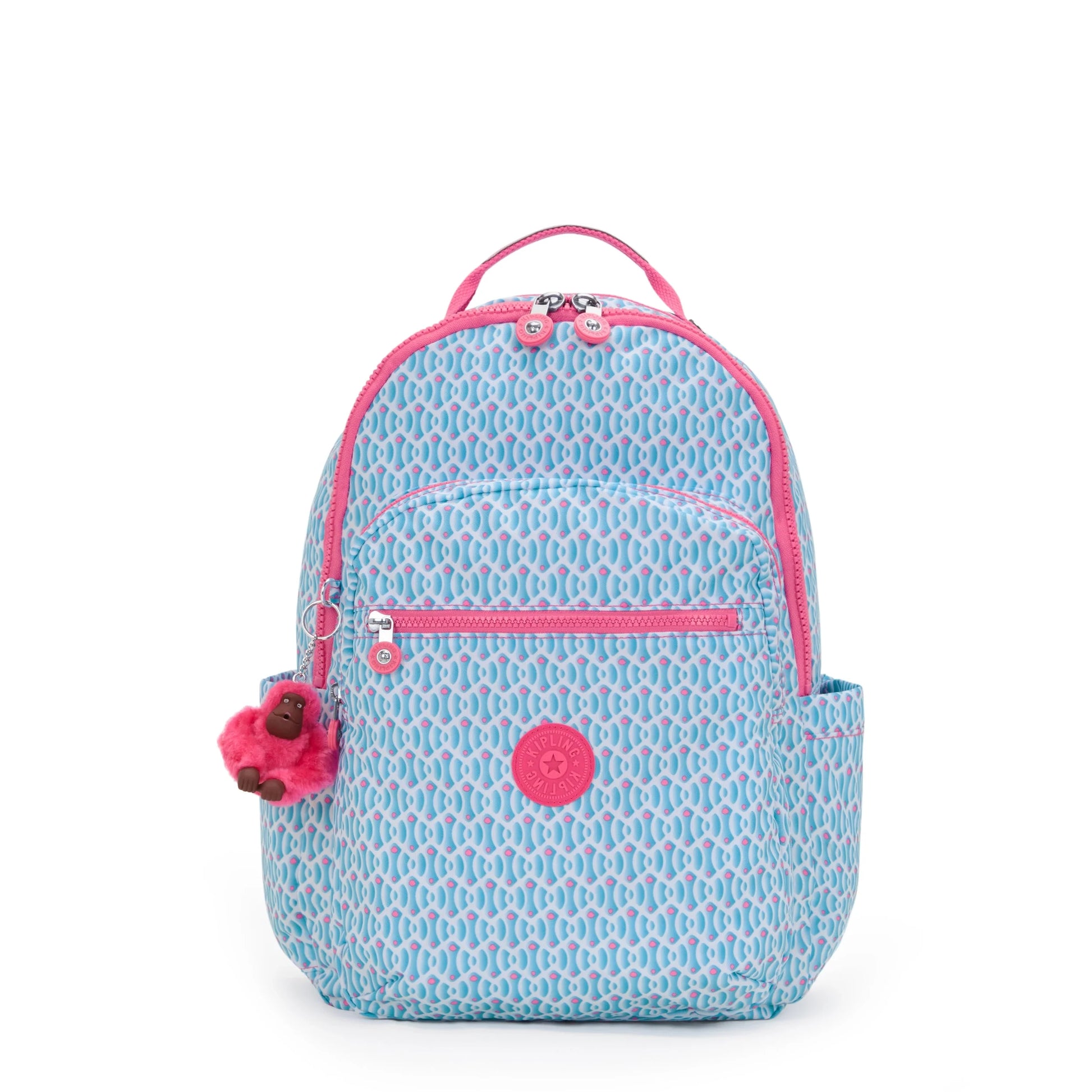 Light blue patterned large backpack with pink zipper, side plush charm, and front logo patch