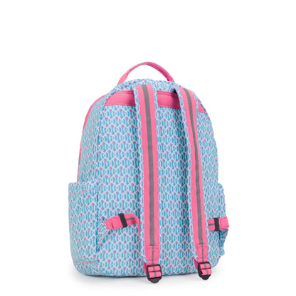 Light blue patterned large backpack with pink shoulder straps and adjustable buckles