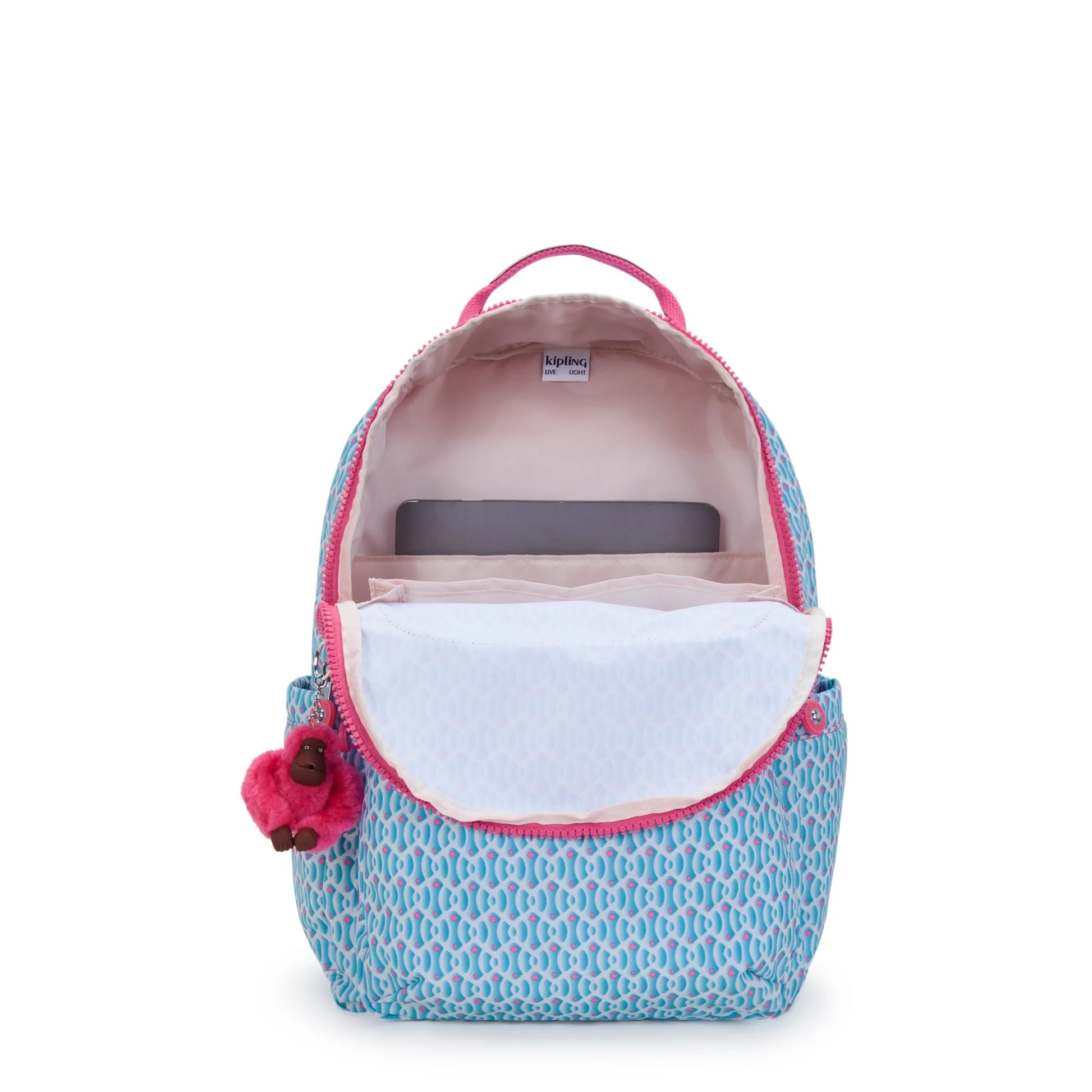 Light blue patterned large backpack with open interior lining and pink zipper trim