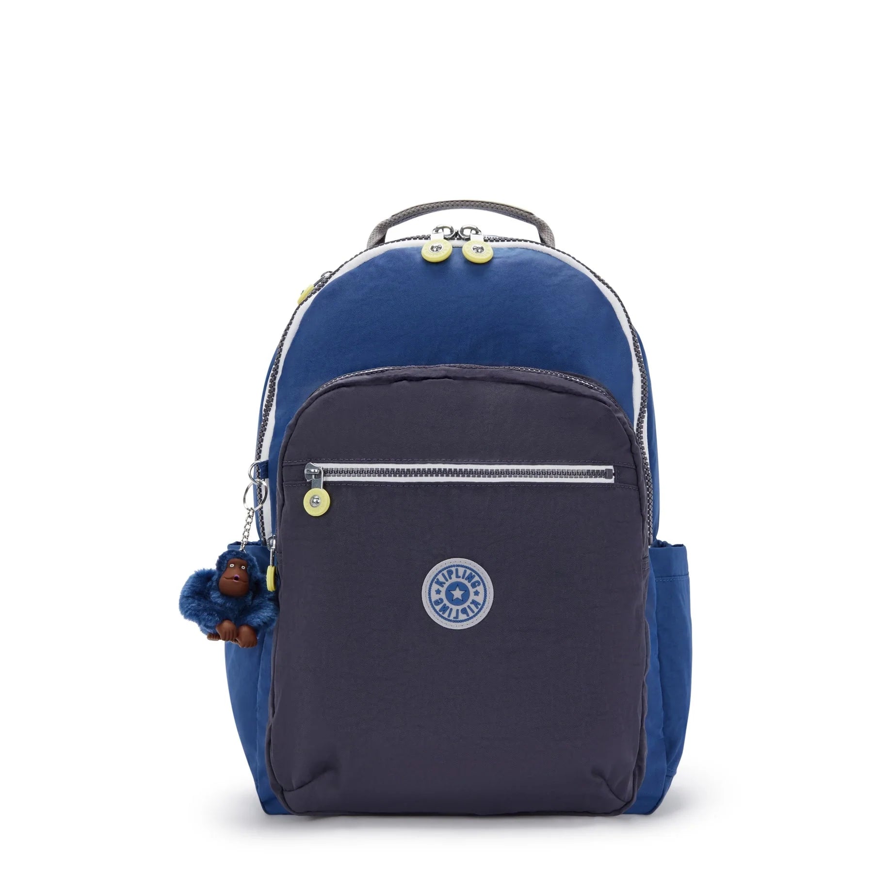 Large blue backpack with front zip pocket, logo patch, and hanging charm keychain