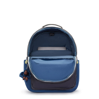 Large blue backpack shown open with inner organizer pocket and top zipper