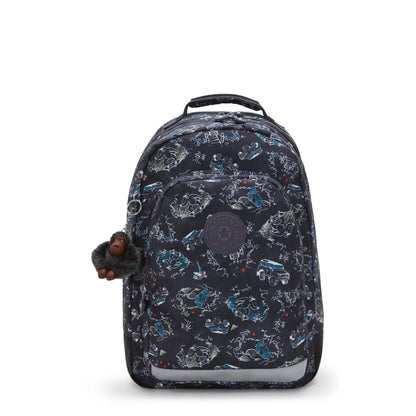 Large backpack back view with dark navy jungle-and-vehicle print, central logo patch