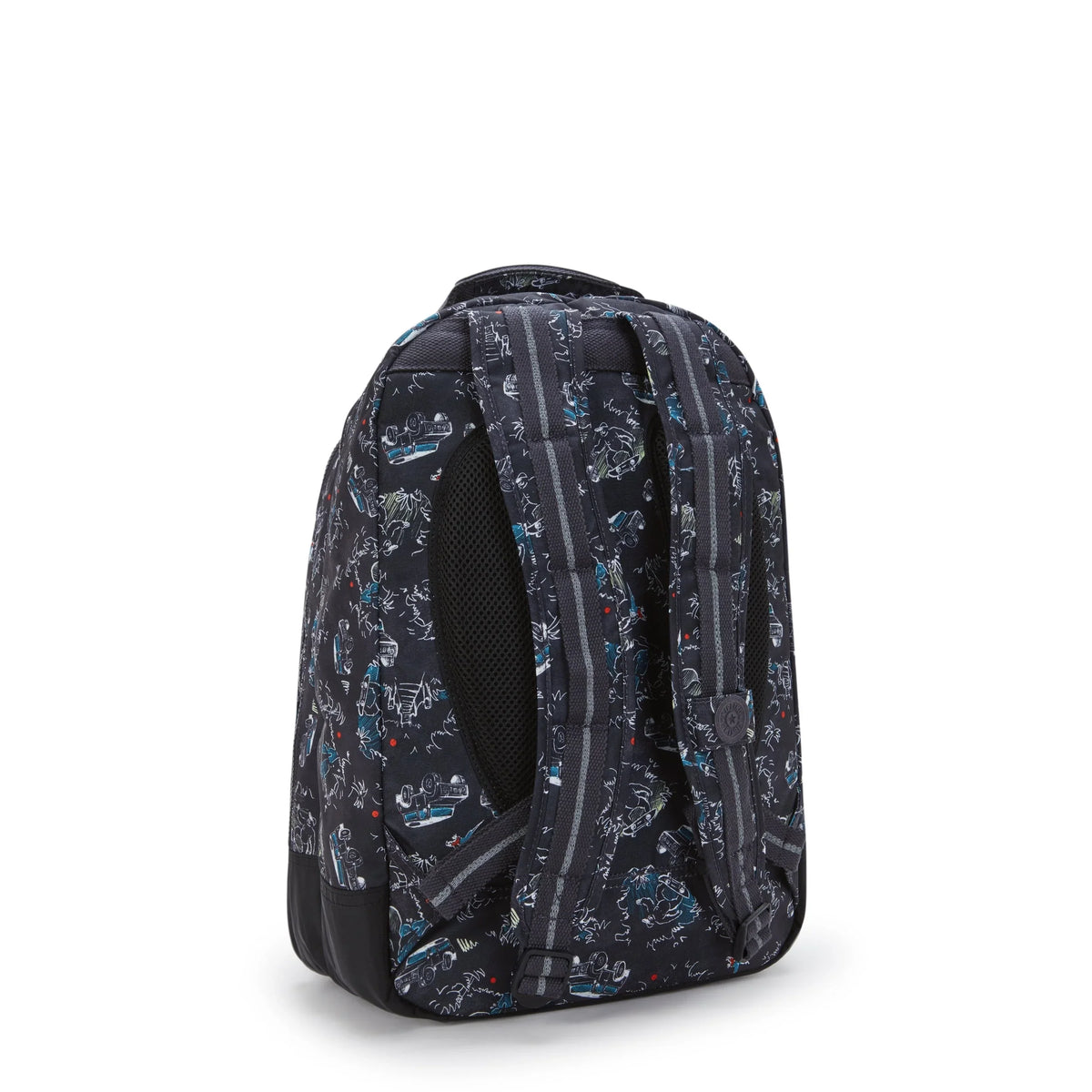 Black patterned backpack side view with webbing straps and padded back panel.