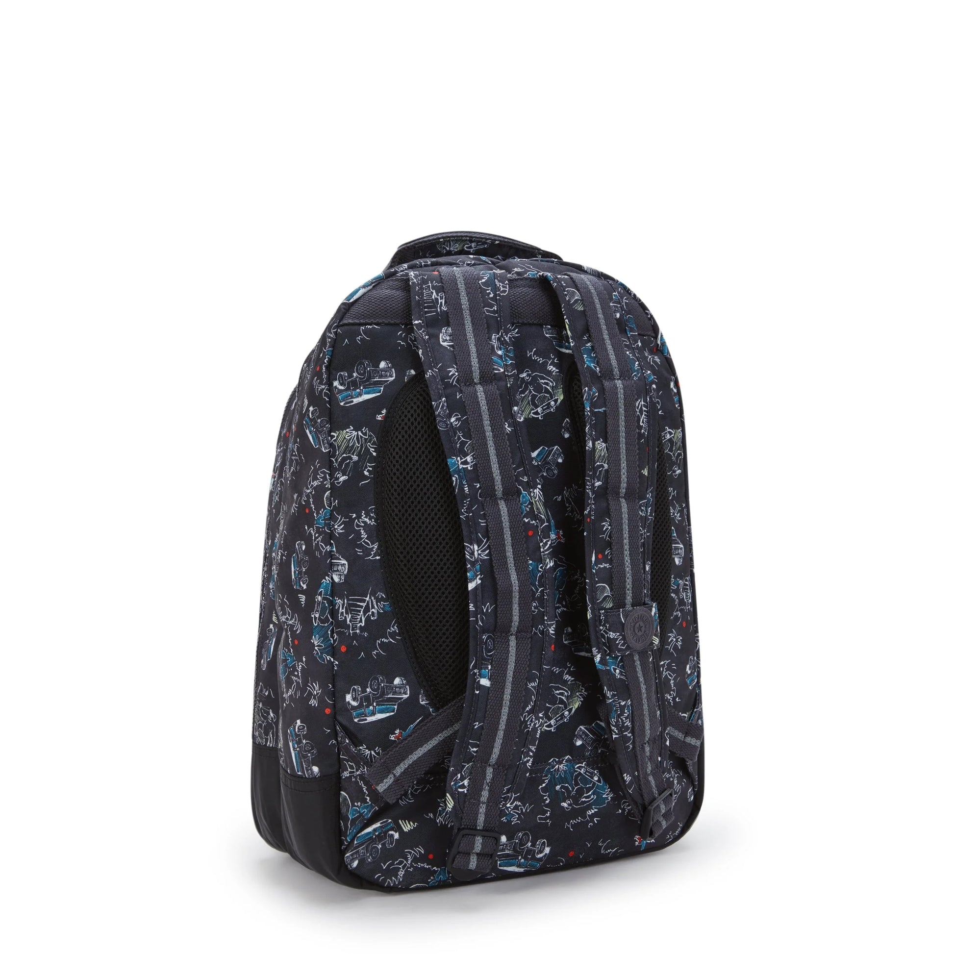 Large backpack side view with padded shoulder straps, patterned fabric, and vertical zip