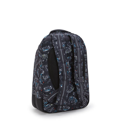 Large backpack side view with padded shoulder straps, patterned fabric, and vertical zip