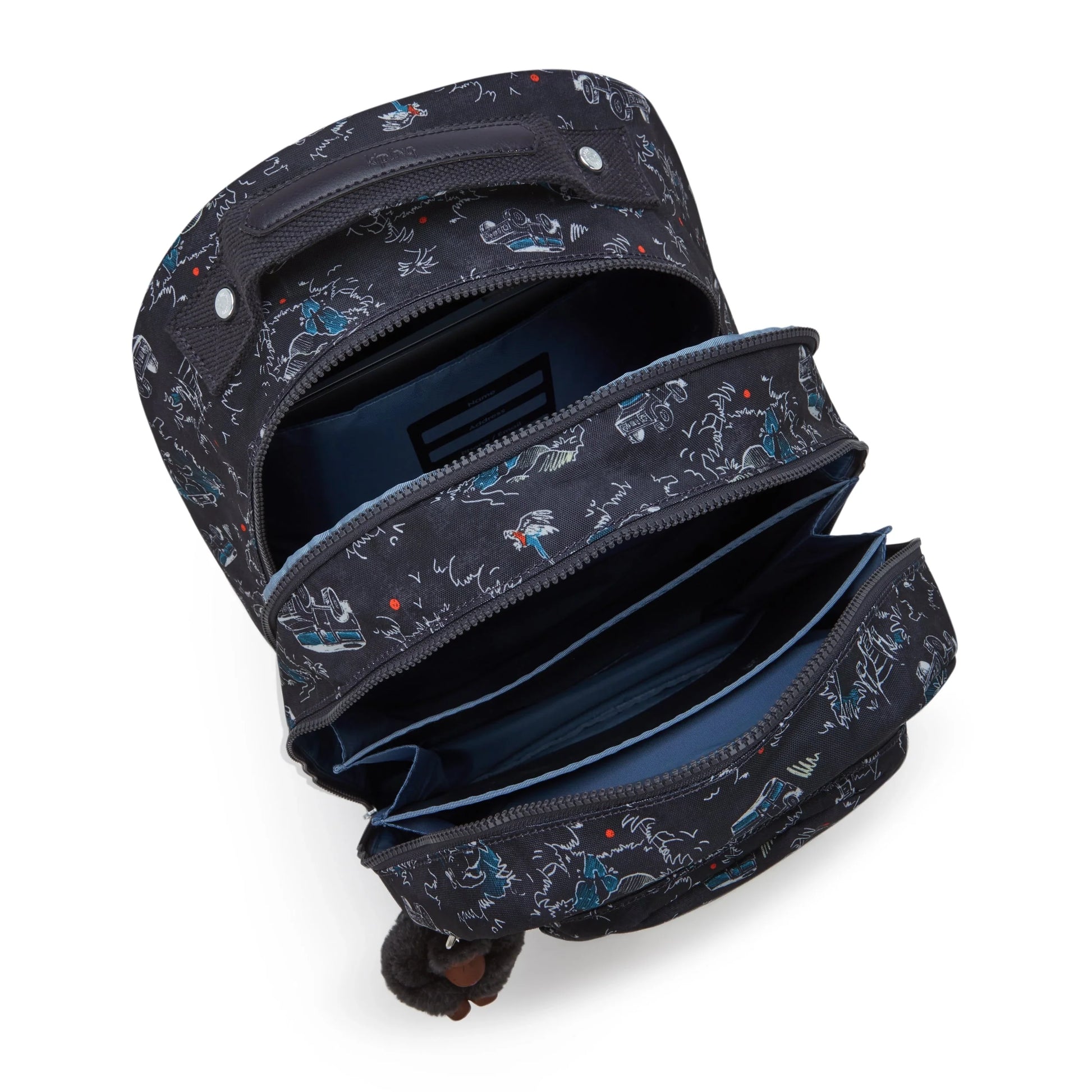 Large backpack open showing navy interior compartments and zippers, small monkey keychain