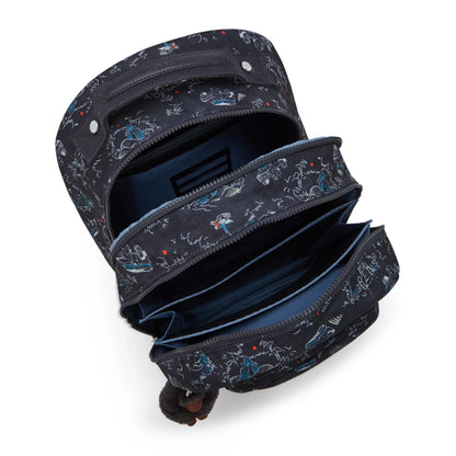 Large backpack open showing navy interior compartments and zippers, small monkey keychain
