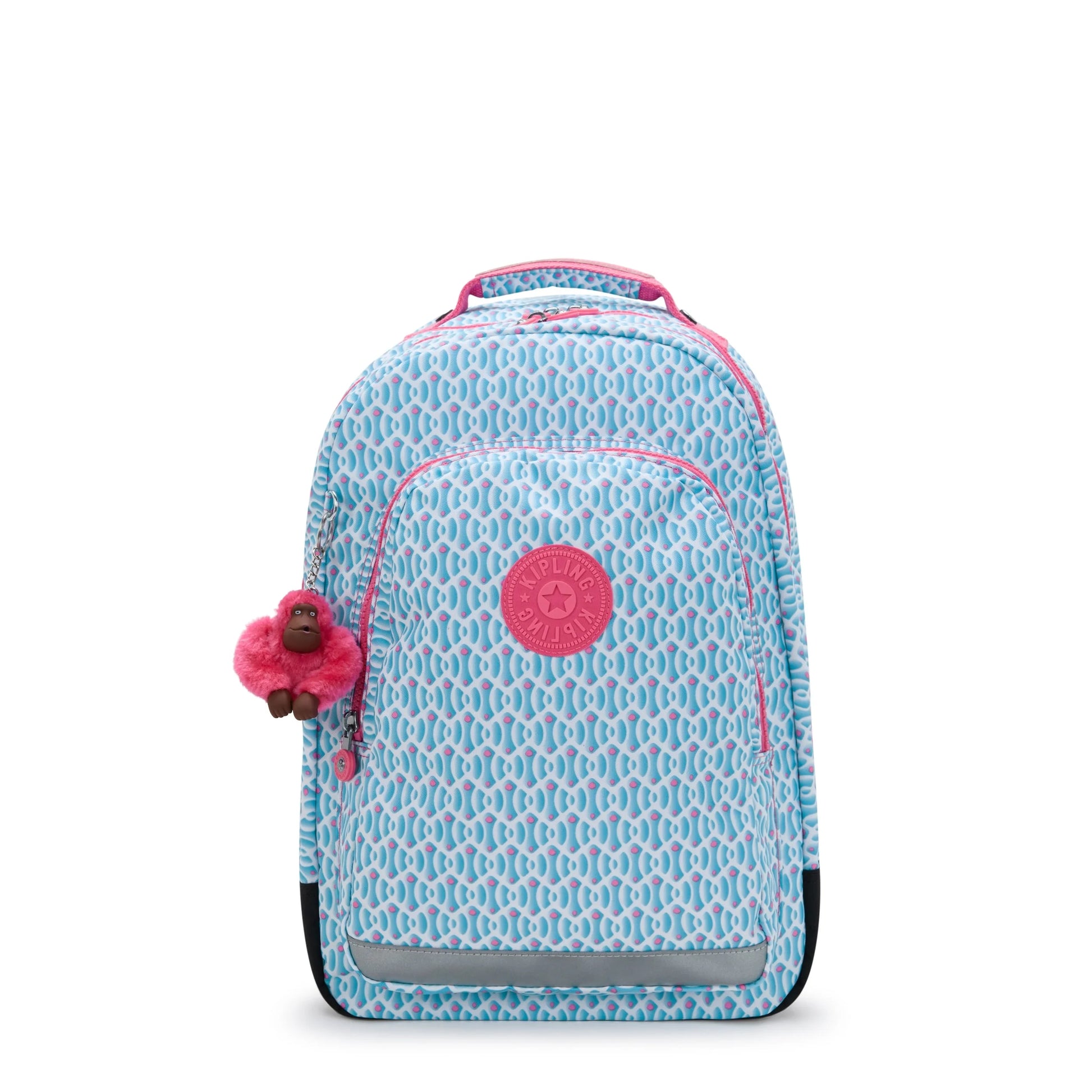 Light blue patterned large backpack with pink trim, top handle, and front logo patch