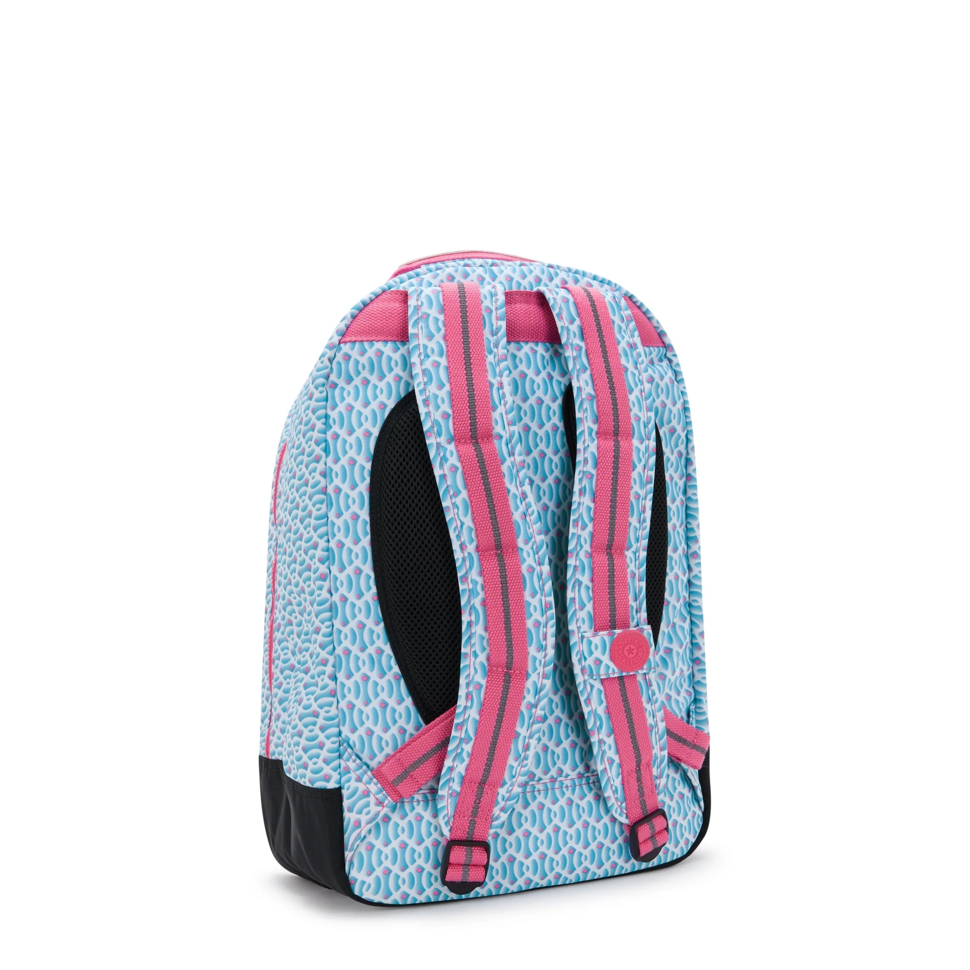 Light blue patterned large backpack with pink striped back panels and black side pocket