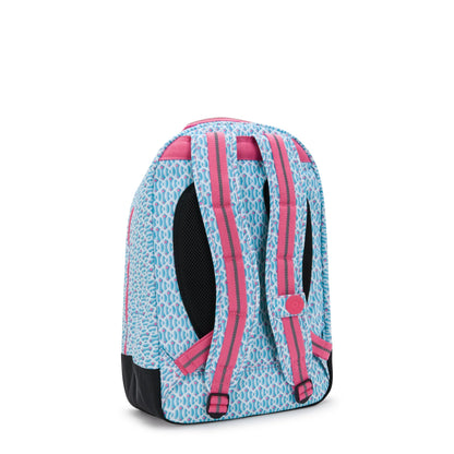Light blue patterned large backpack with pink striped back panels and black side pocket