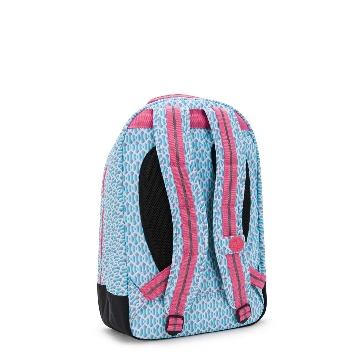 Light blue patterned backpack back view with padded straps, pink accents, and hanging charm.