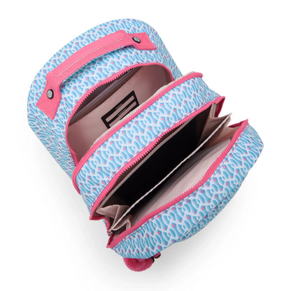 Light blue patterned large backpack with open top, pink zippers, and inner pockets