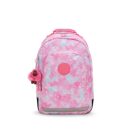 Kipling large backpack with pink butterfly print, back view with central logo patch
