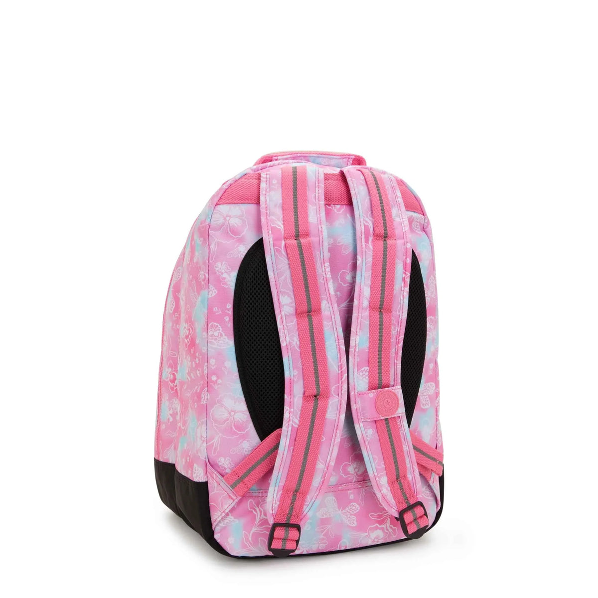 Kipling large backpack with pink striped outer panel, dual straps, side carry loop