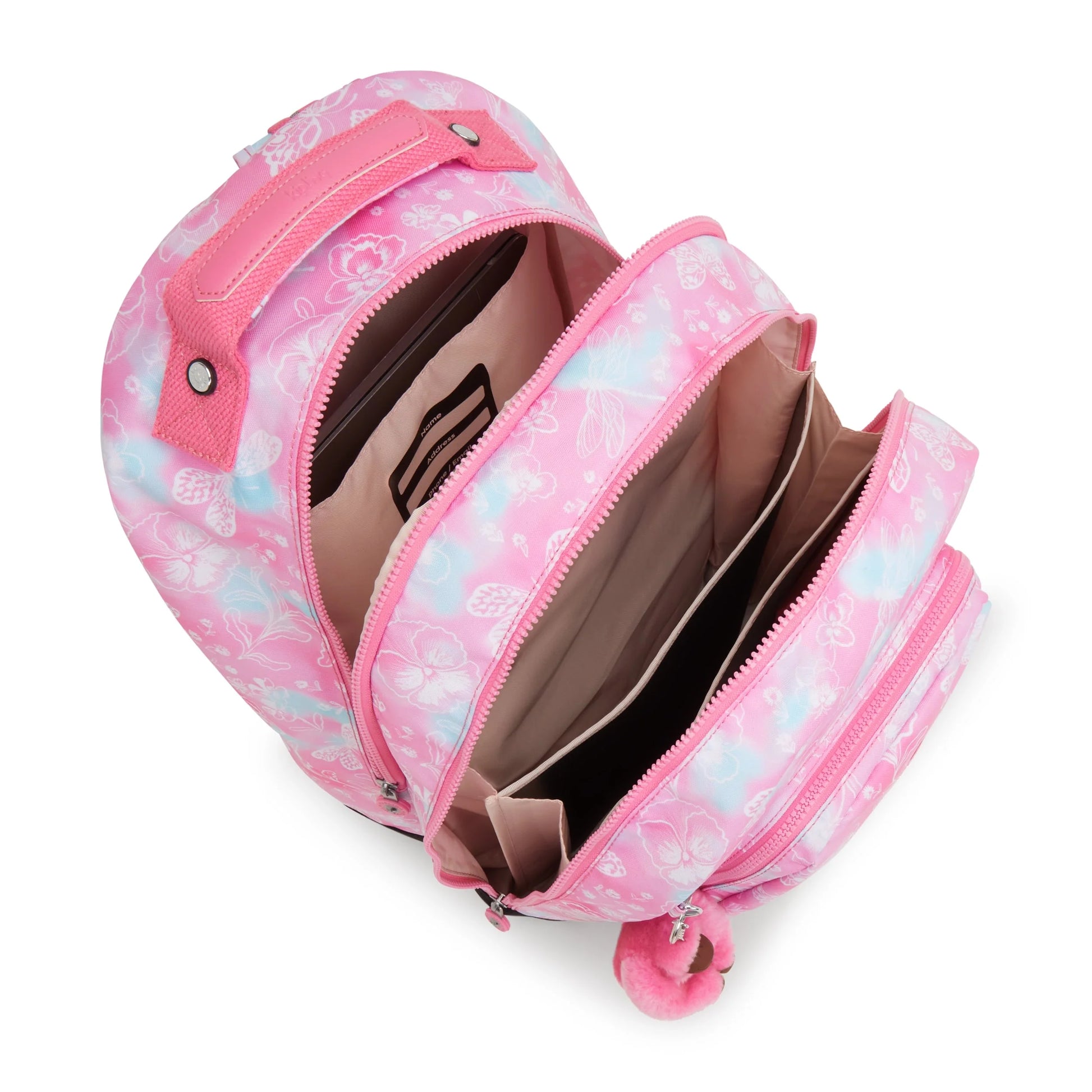 Kipling large backpack open, showing two inner compartments and pink padded trim